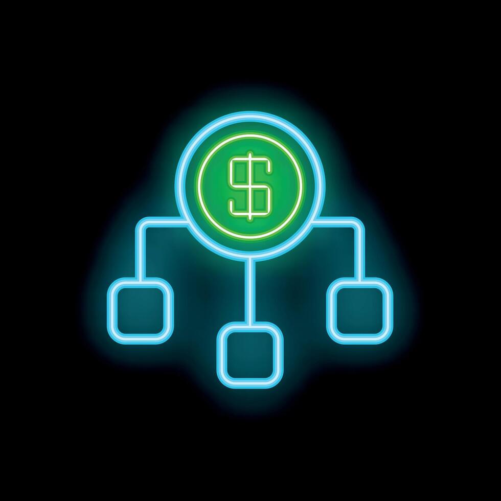 Neon green dollar coin connected to three blank boxes on black background vector