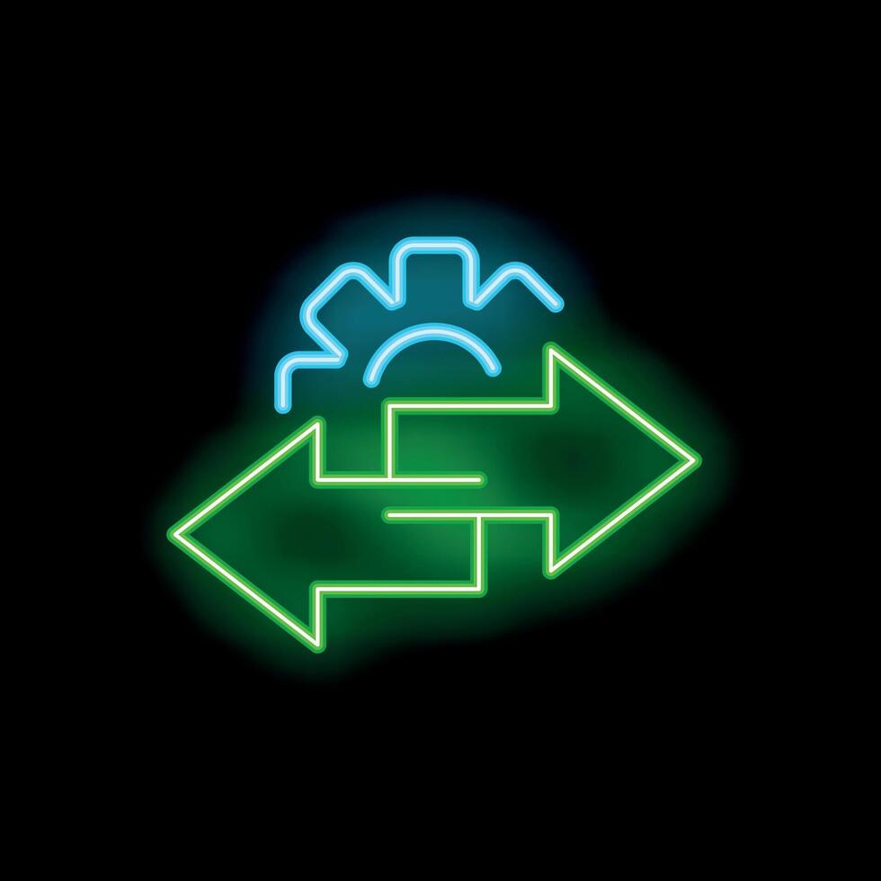 Neon icon of two arrows pointing in opposite directions with gear above symbolizing workflow automation vector
