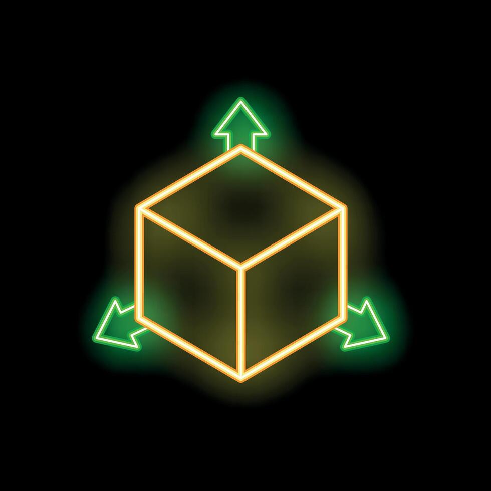Neon cube showing three dimensional axis system on black background vector