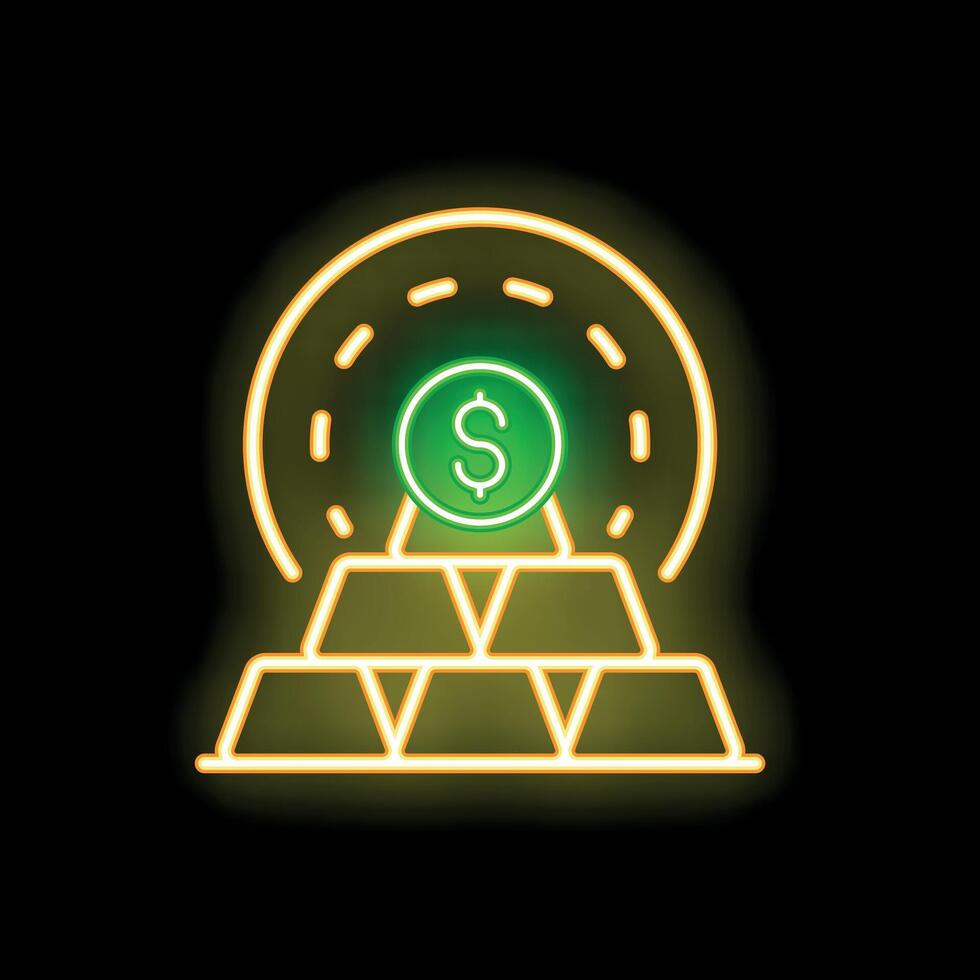 Neon sign representing money wheel turning over gold bars stack vector