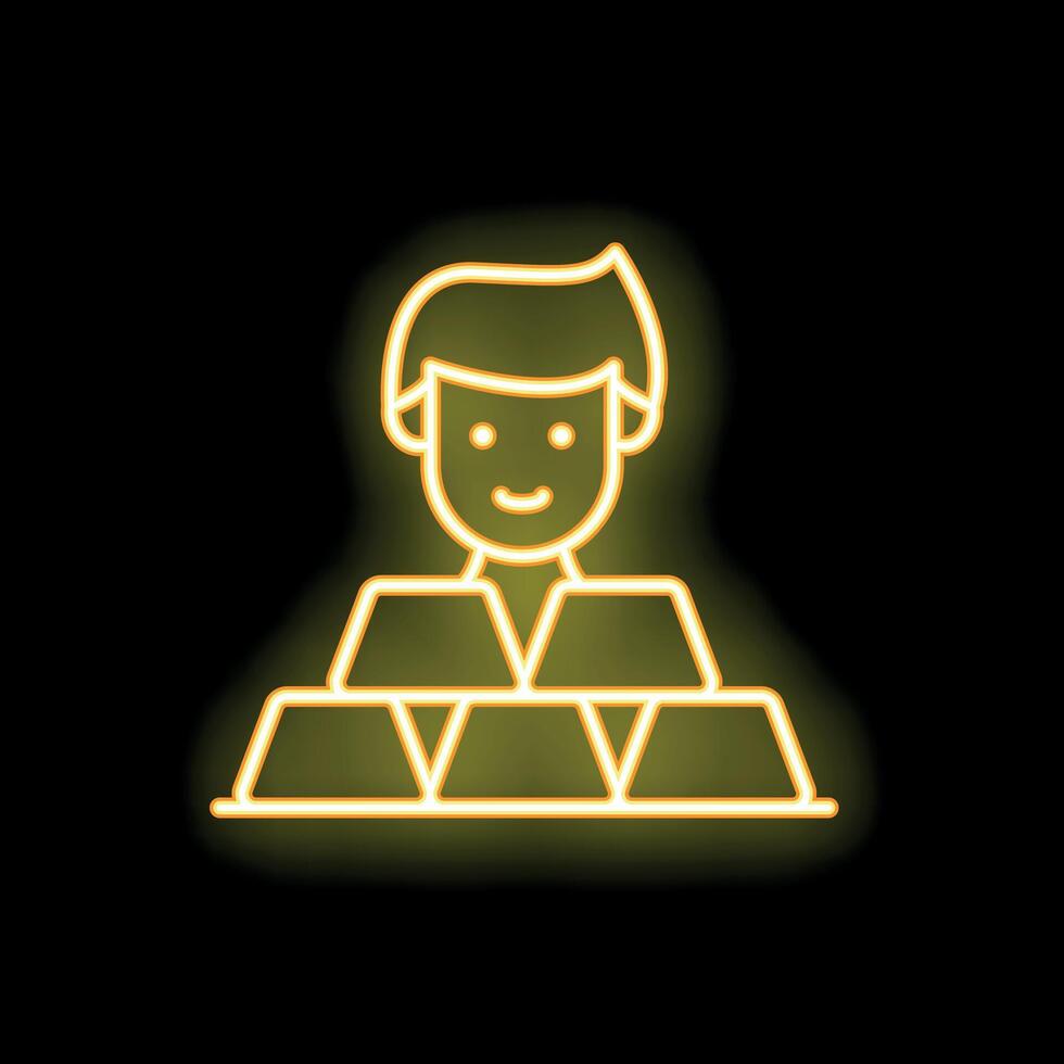Happy businessman standing behind a pile of gold bars neon sign vector