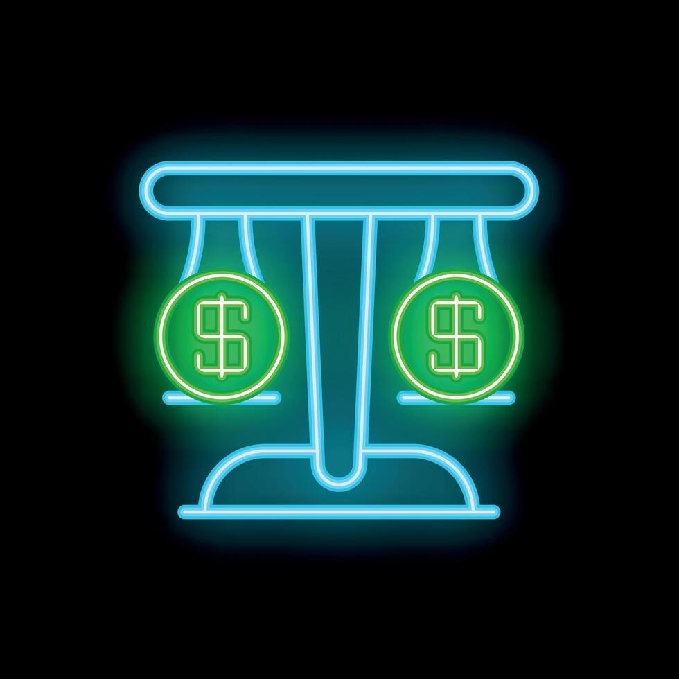 Glowing neon line scales of justice with dollar symbol icon isolated on black background vector