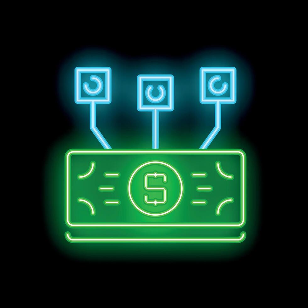 Neon green money bill being mined by cryptocurrency mining rigs vector