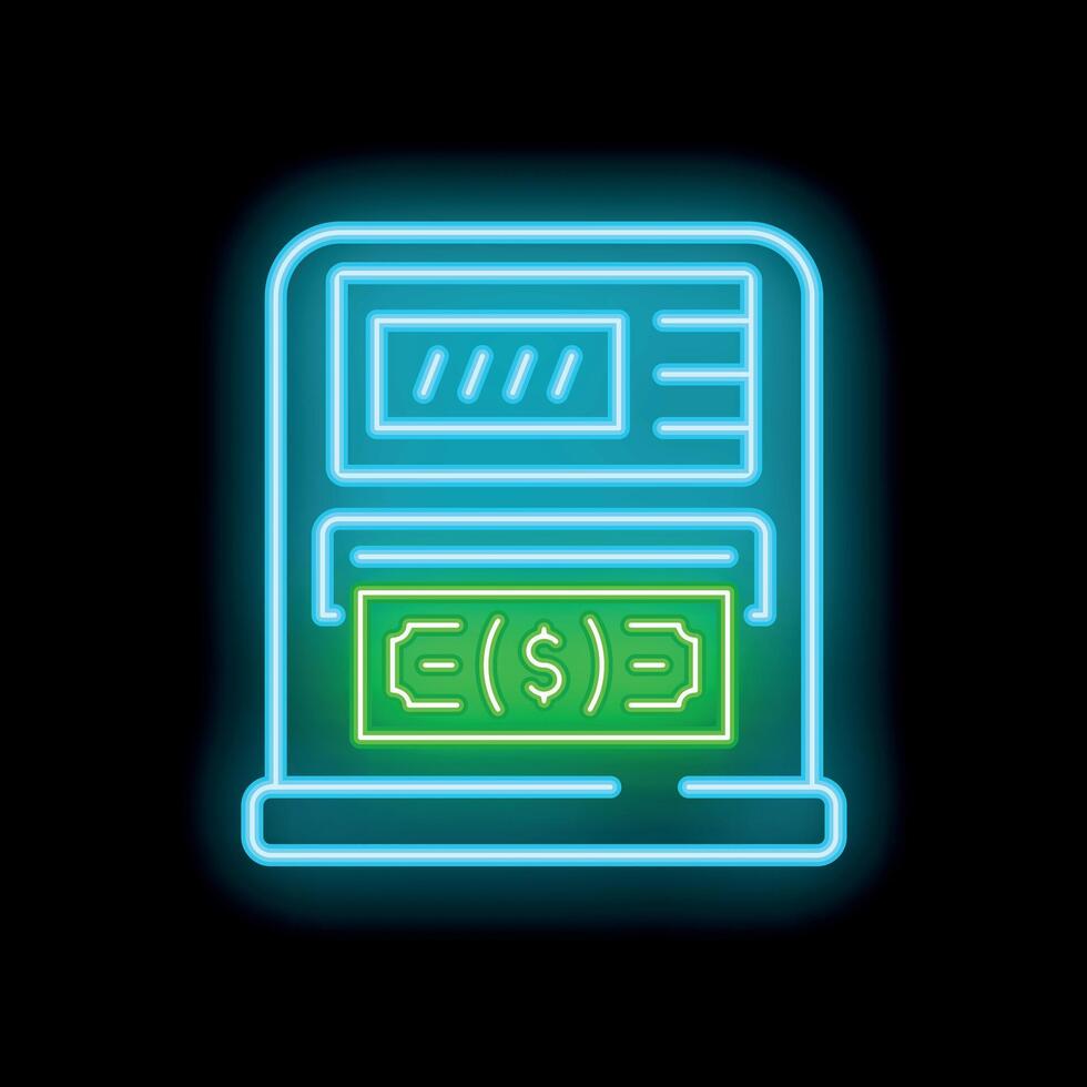 Neon atm machine dispensing cash on dark background vector