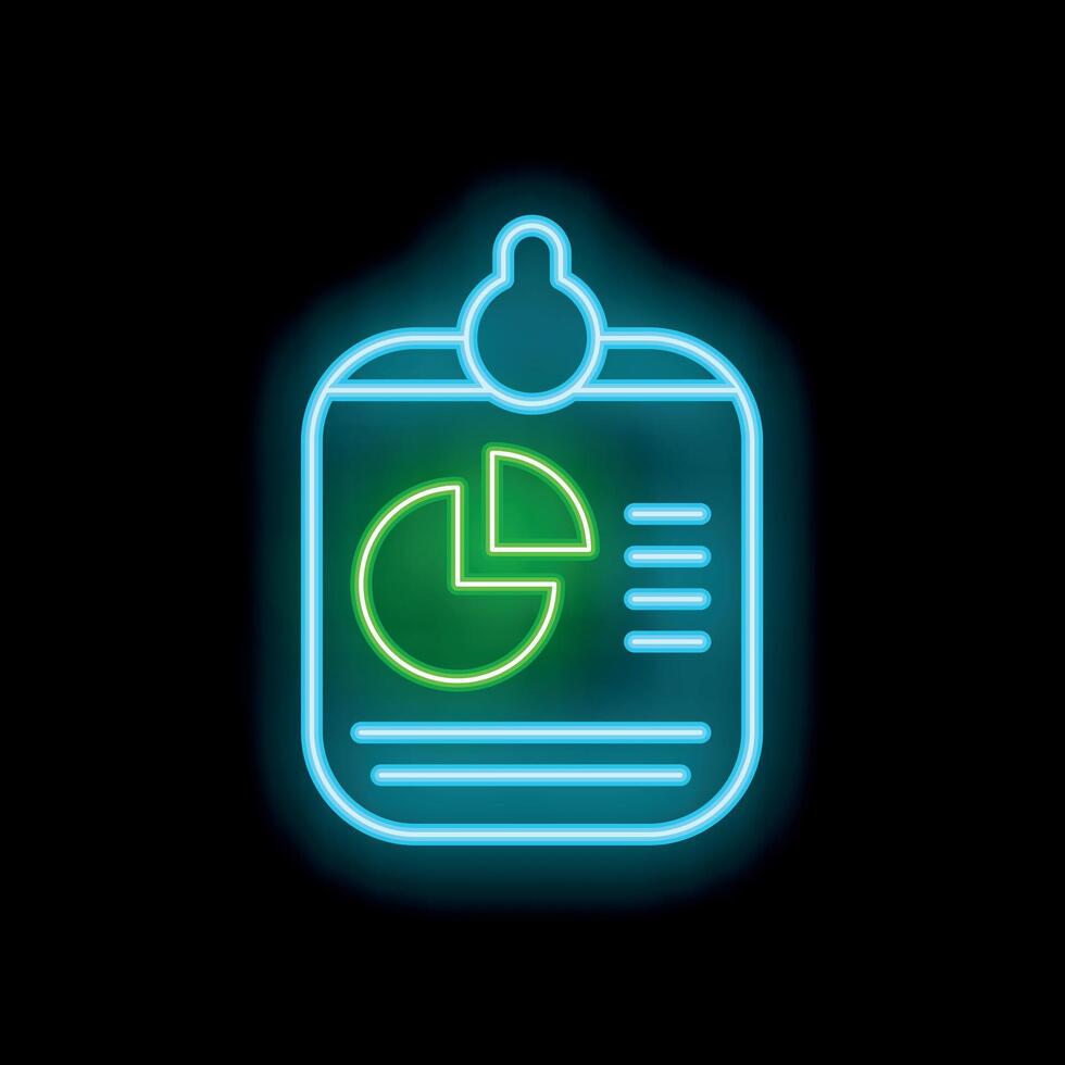 Neon icon of clipboard showing pie chart and business analytics data vector