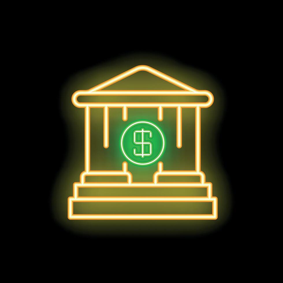 Neon bank building facade with dollar coin sign on black background vector