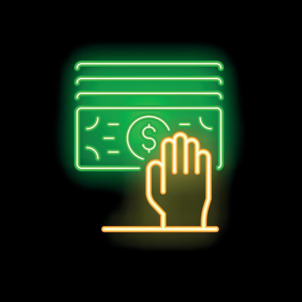 Hand picking up dollar banknotes neon sign on black background vector