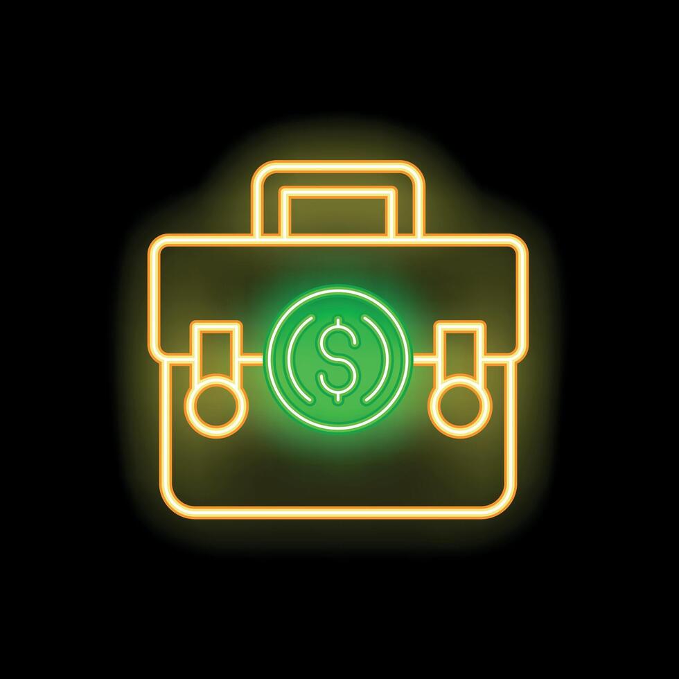 Neon green briefcase glowing with dollar coin inside on black background vector