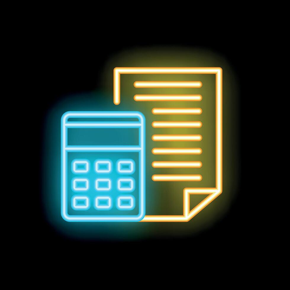Neon calculator showing financial report with file icon on black background vector