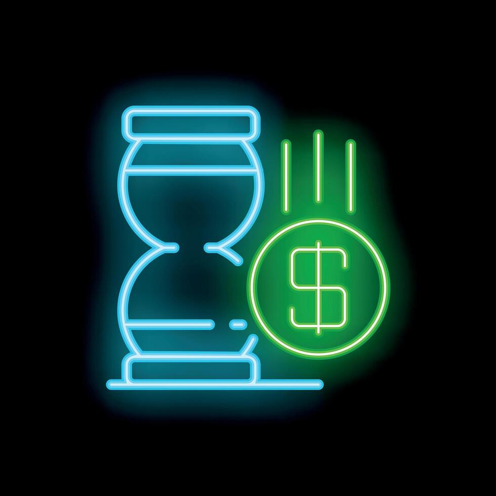 Neon sign representing time converting to money with hourglass and dollar vector