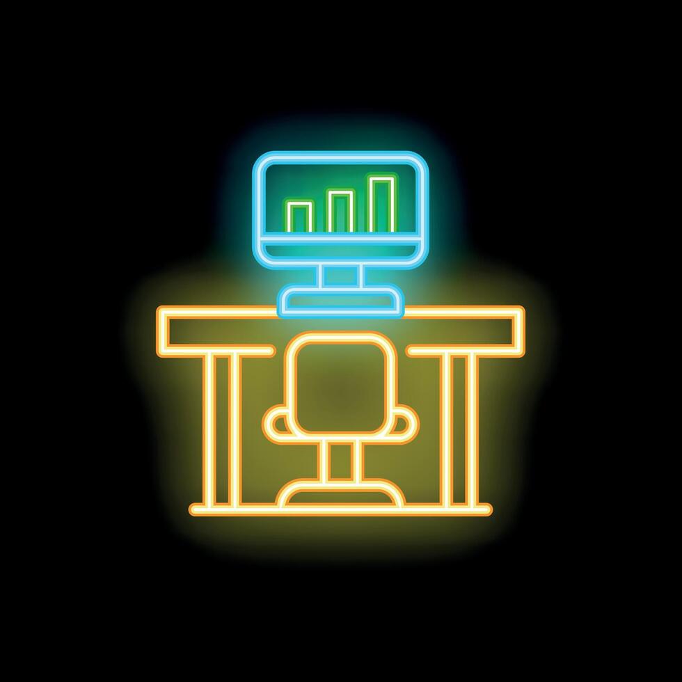 Neon office desk with computer showing growing bar chart icon illustration on black background vector