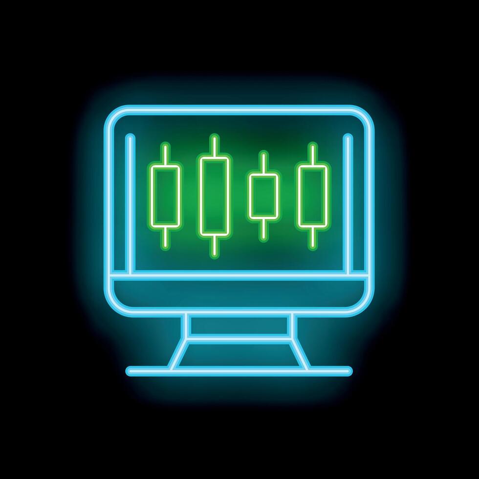 Neon computer monitor displaying stock market trading chart icon vector