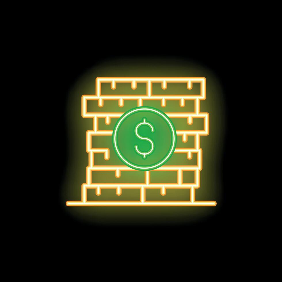 Neon sign of dollar coin inserted in brick wall vector