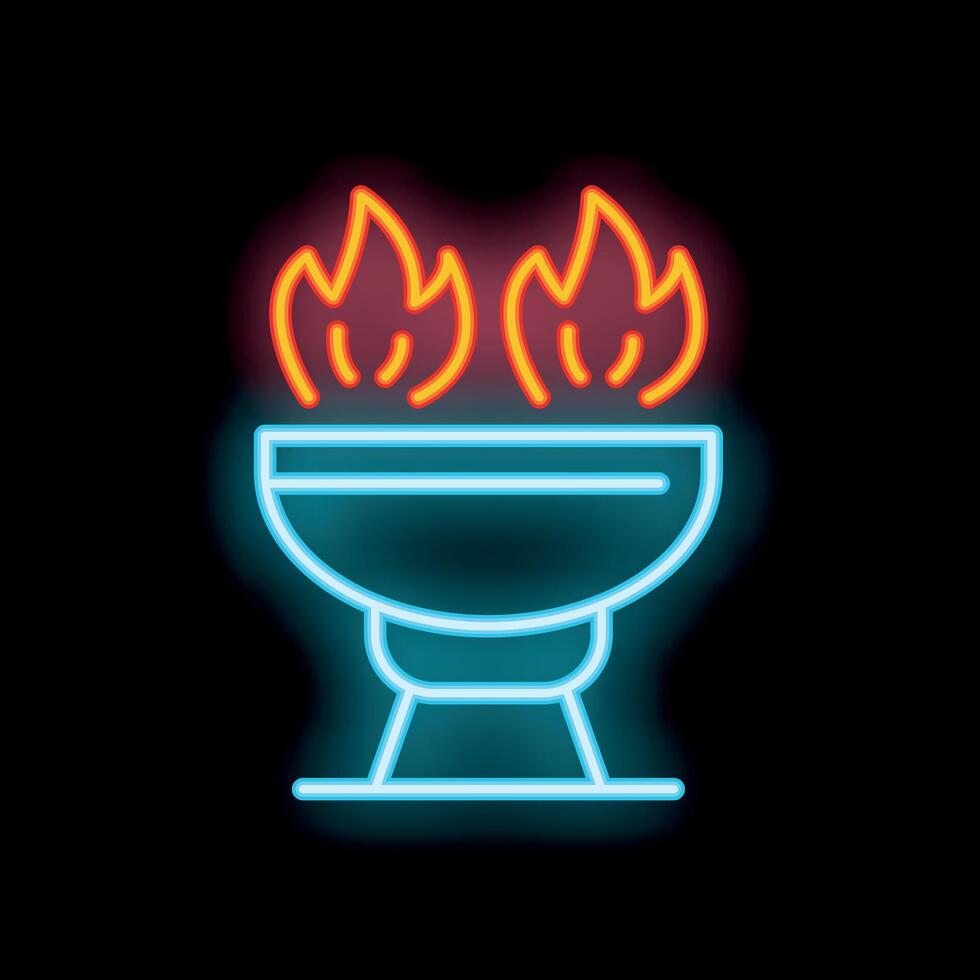 Neon sign of barbecue grill burning with flames on black background vector