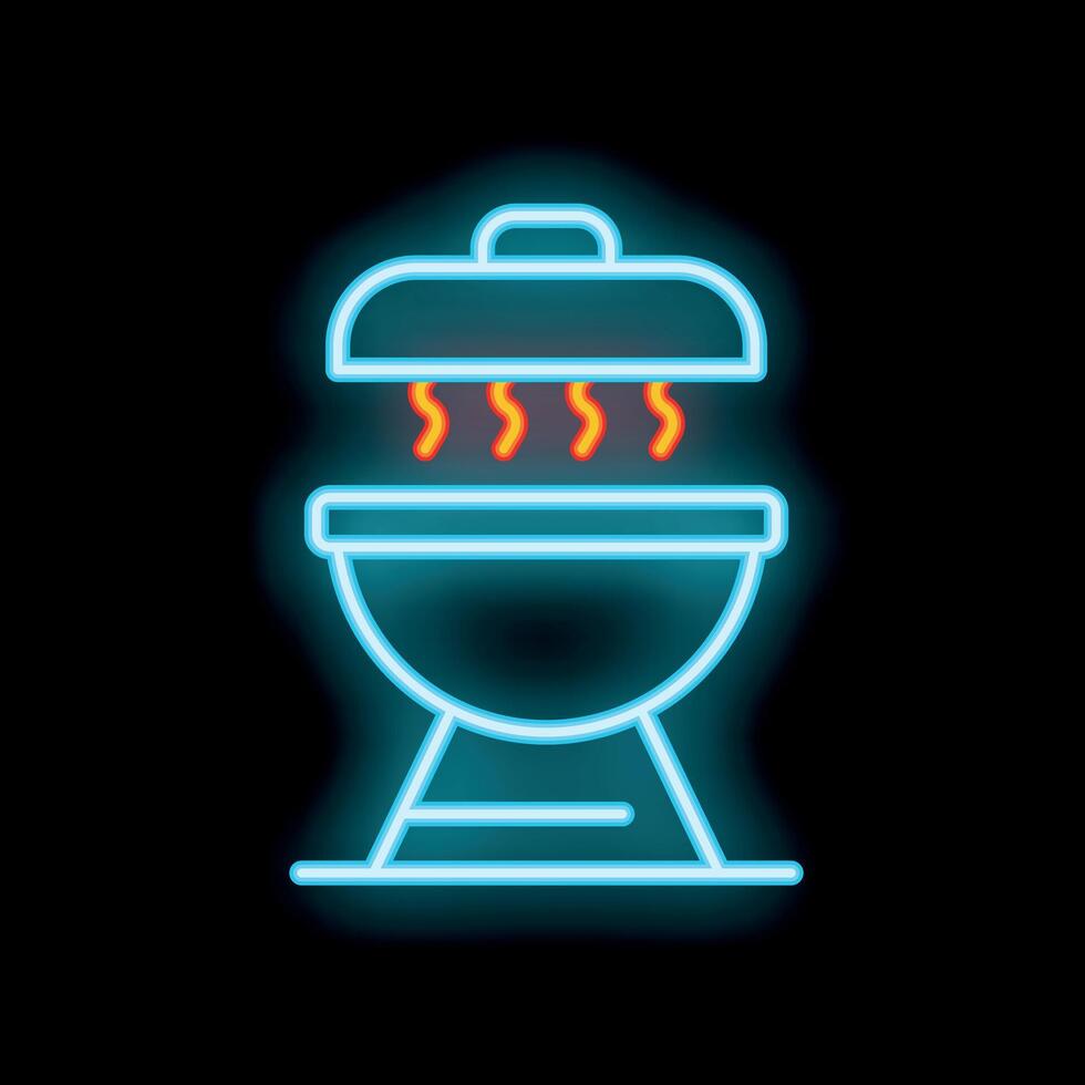 Neon sign of barbecue grill emitting smoke on black background vector