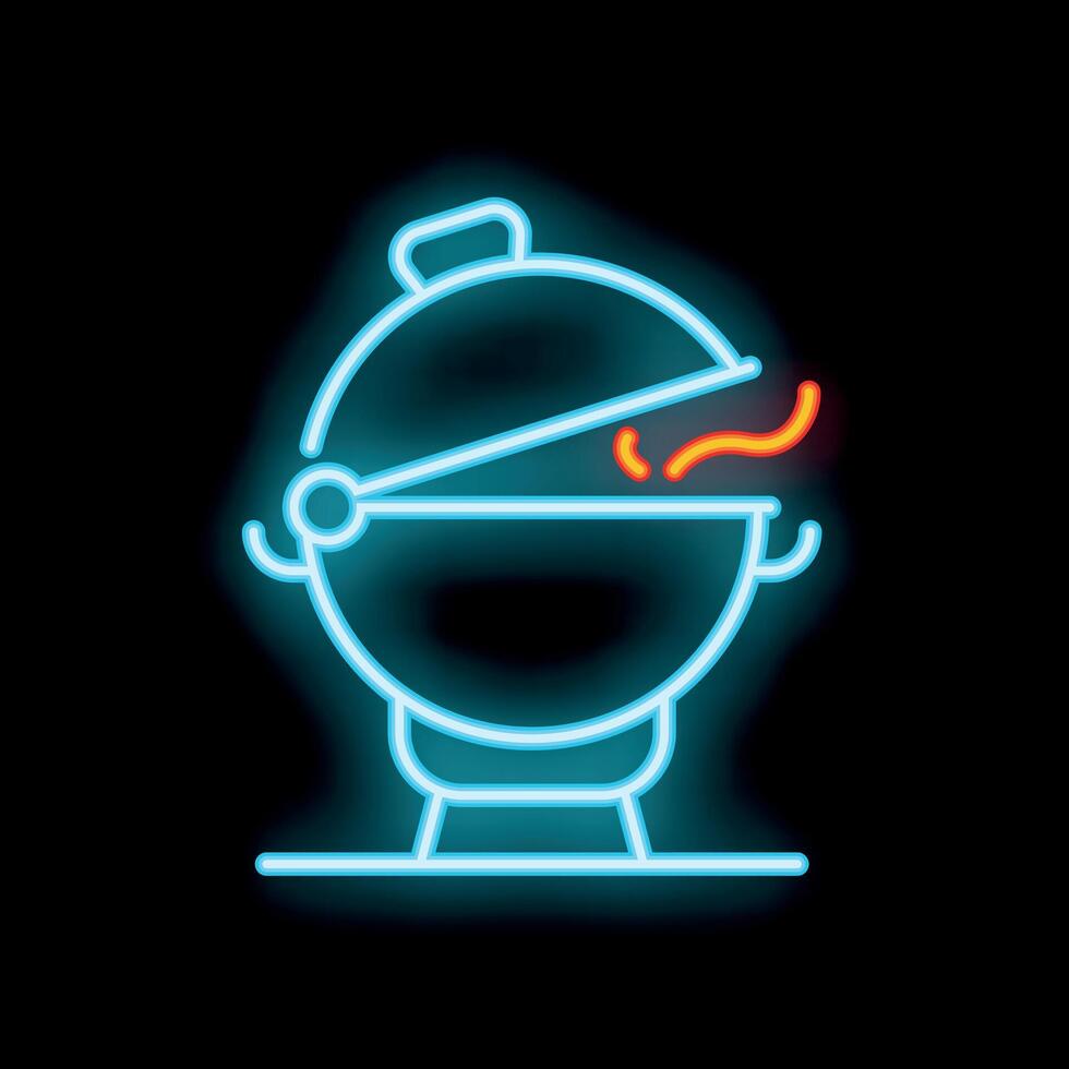 Blue neon sign of a barbecue grill with smoke coming out and open lid vector