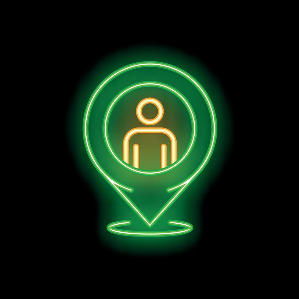 Green neon pin pointing current user location with glowing person pictogram inside on black background vector