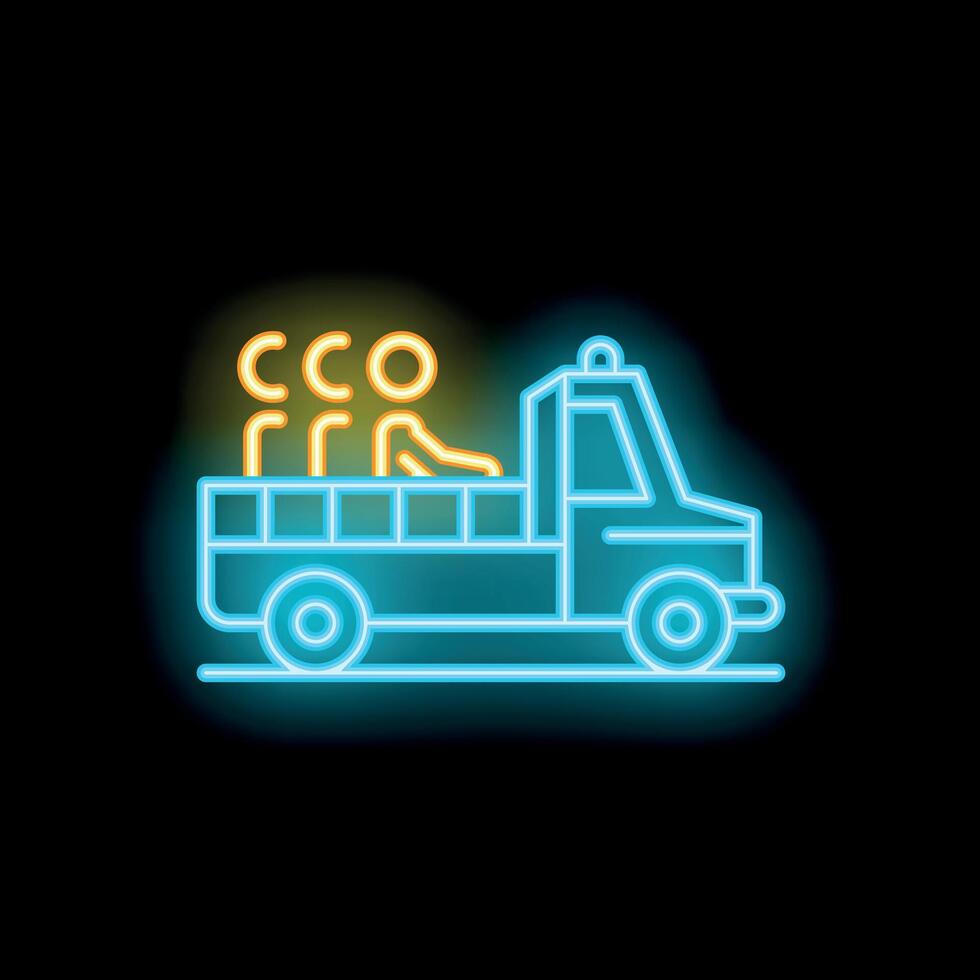 Glowing neon icon fire truck carrying firefighters on black brick wall background vector