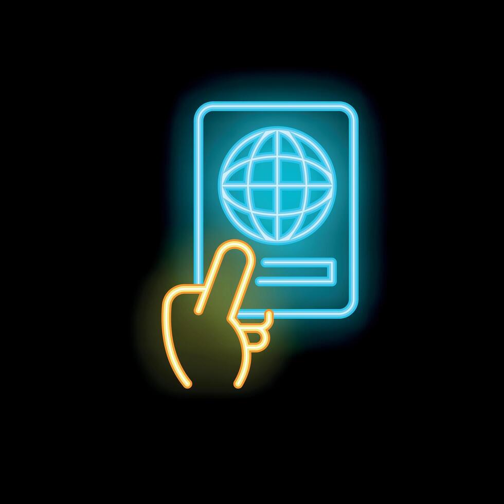 Hand holding passport with planet earth icon neon signboard style vector