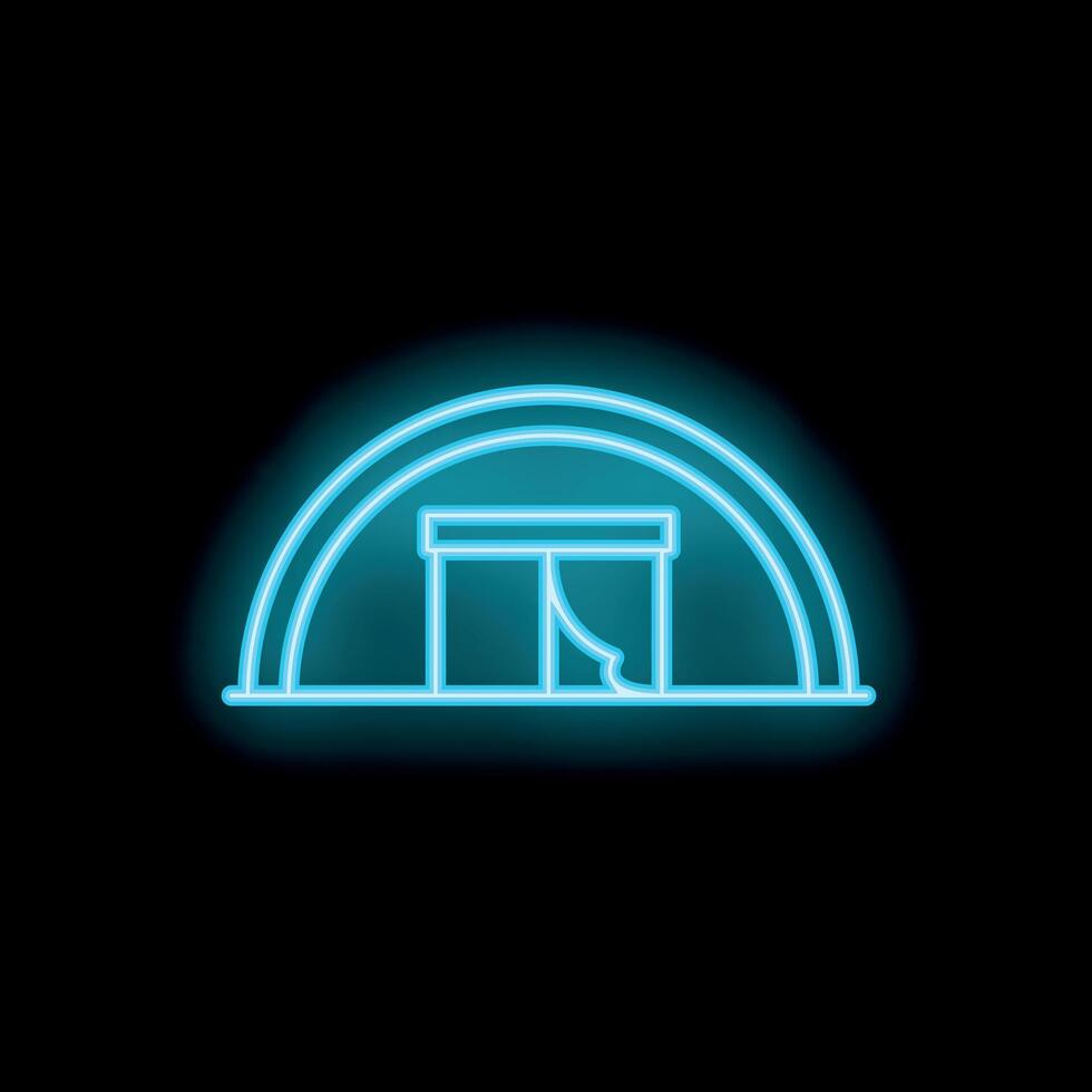 Glowing neon line icon of a tourist tent with an open entrance, isolated on a black background vector