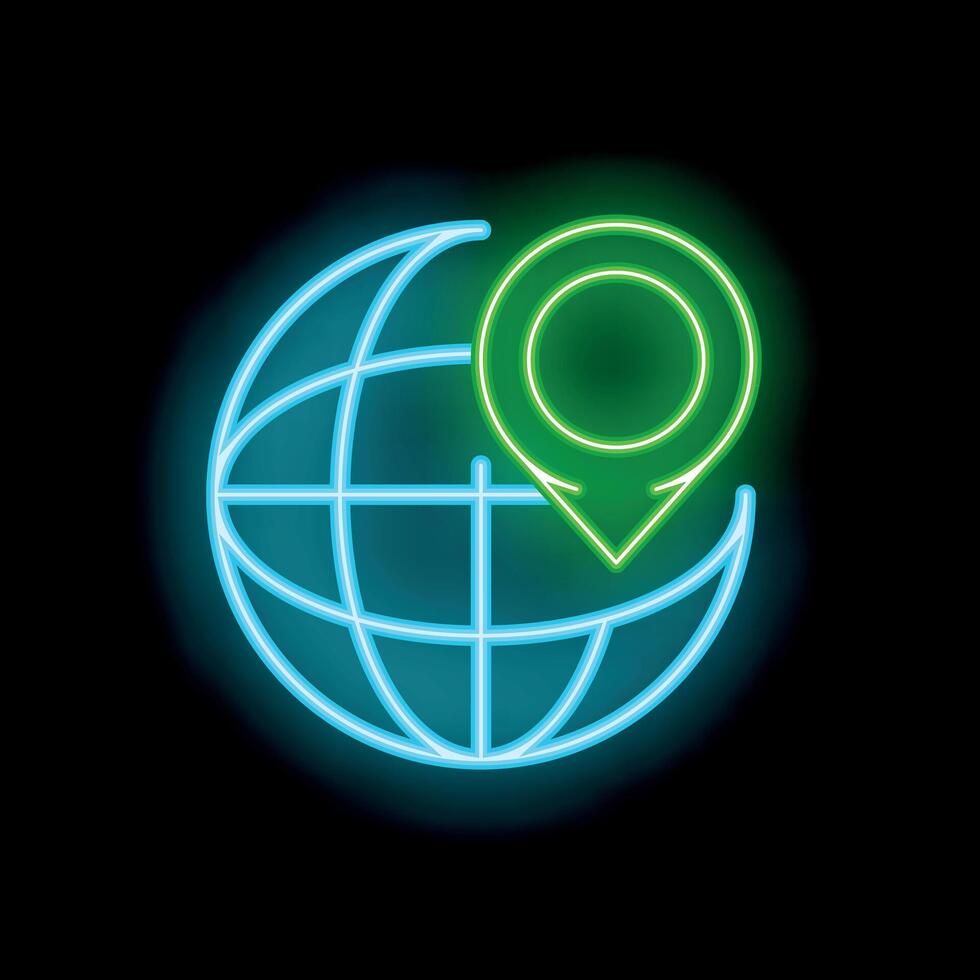 Neon icon of location pin pointing location on planet earth vector