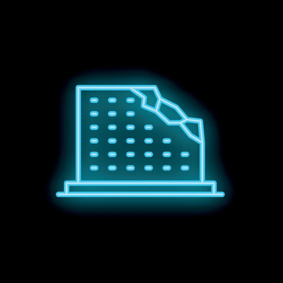 Neon blue icon of building suffering damage during earthquake vector