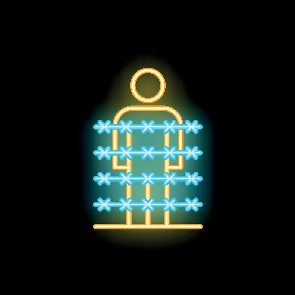 Neon sign of person standing behind barbed wire fence vector