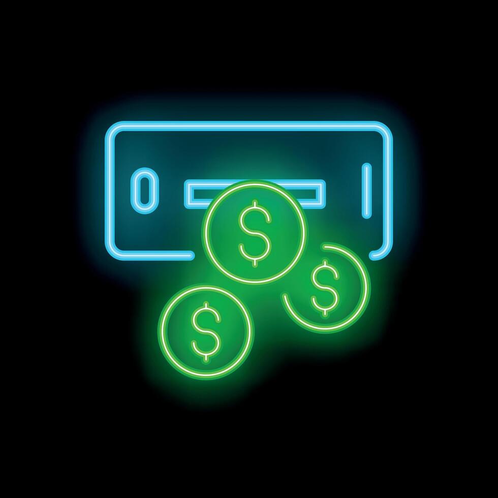 Neon atm cash machine dispensing three dollar coins icon vector