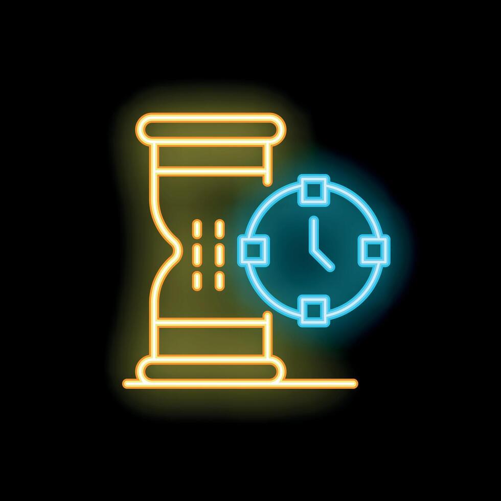 Neon sign showing an hourglass and a clock symbolizing time passing vector