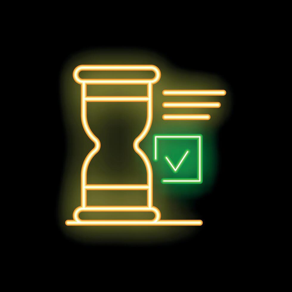 Neon icon of hourglass with check mark representing time management vector