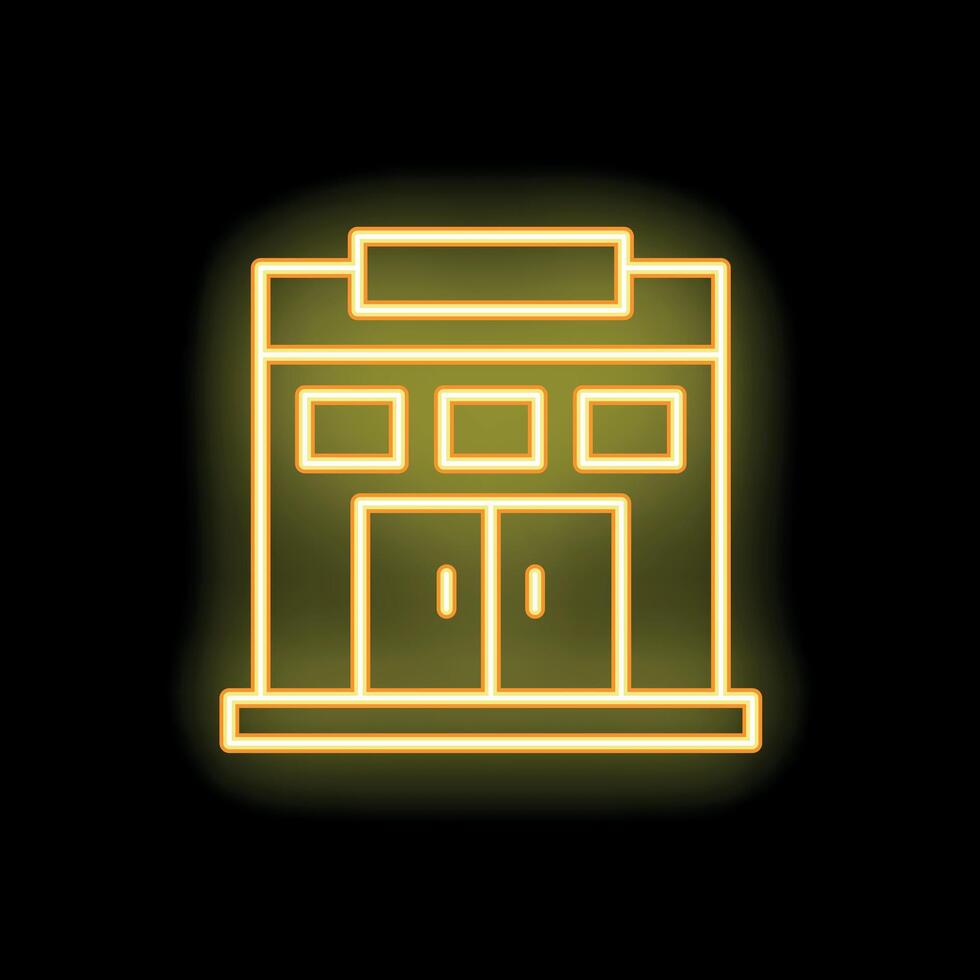 Yellow neon sign representing a building with double doors vector