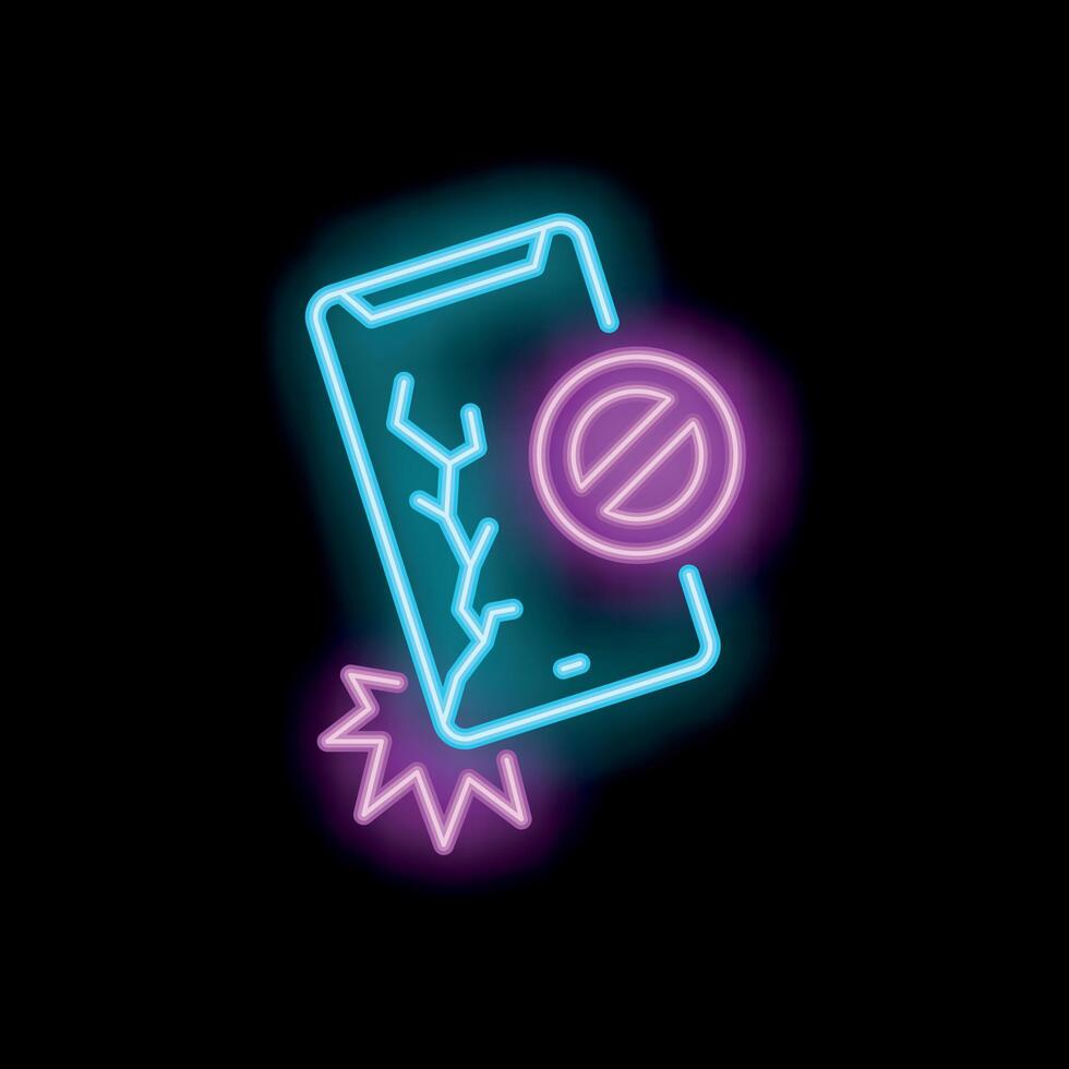 Neon icon of broken mobile phone with damaged screen and prohibition sign vector