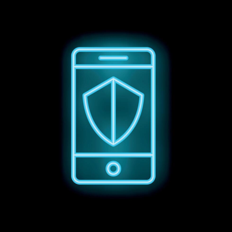 Neon mobile phone showing security shield icon on black background vector