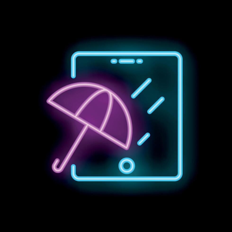 Neon icon of smartphone showing rain falling and umbrella protecting from water vector