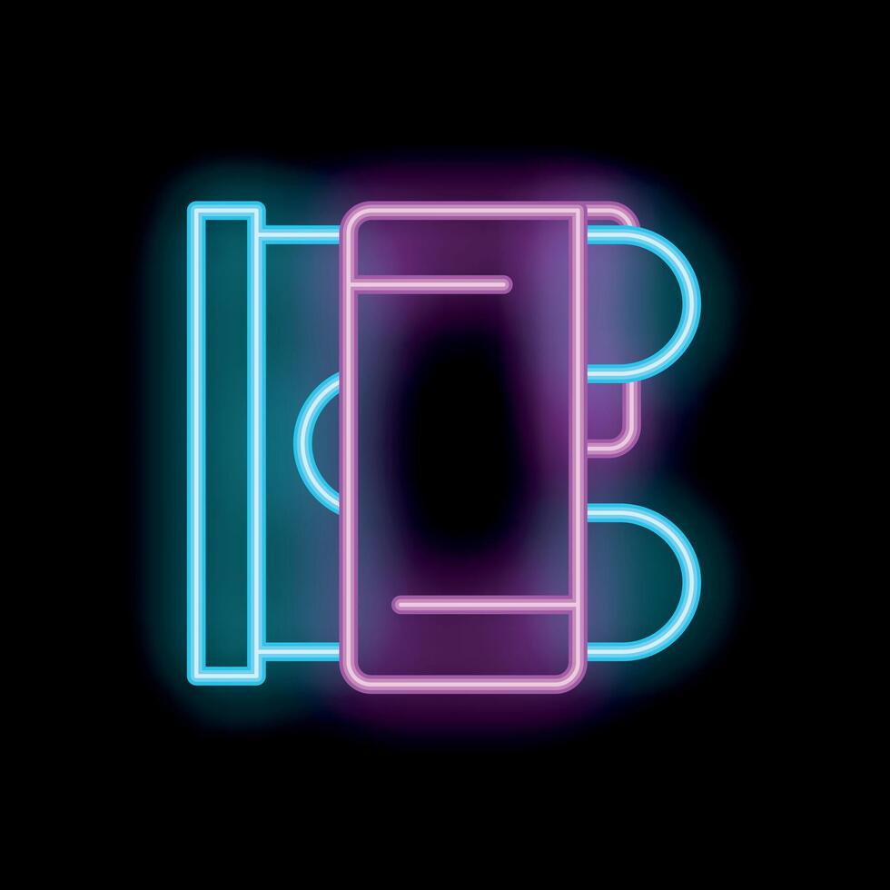 Neon sign representing a smartphone with a mobile application store interface on a black background vector