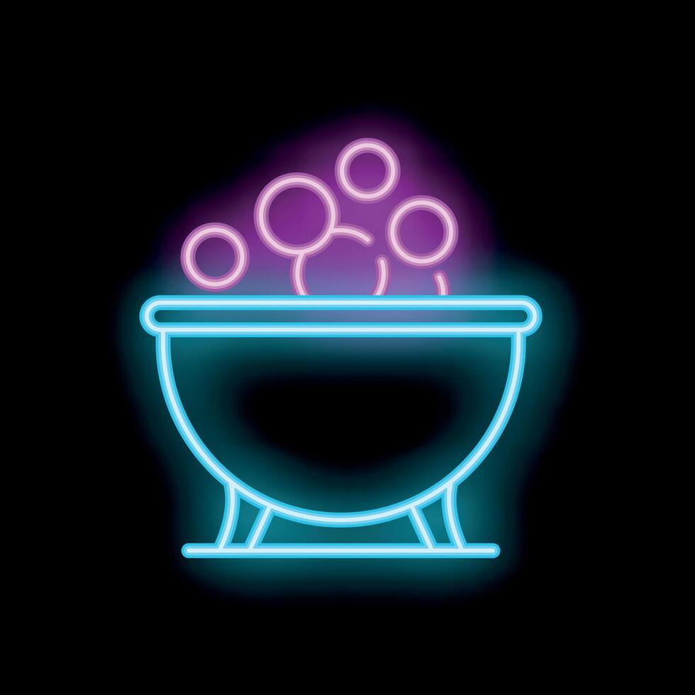 Neon witch cauldron bubbling with magic potion on black background vector