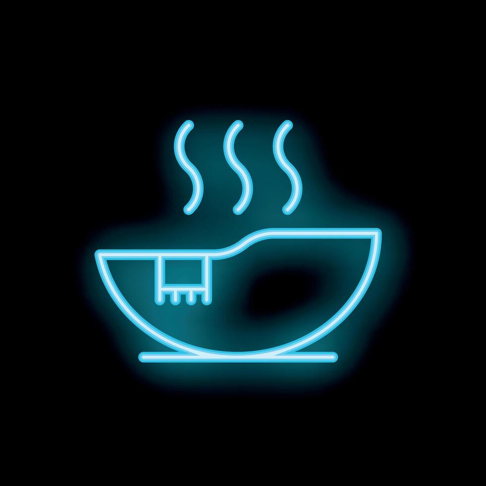 Neon sign depicting bowl of hot soup with steam rising on black background vector