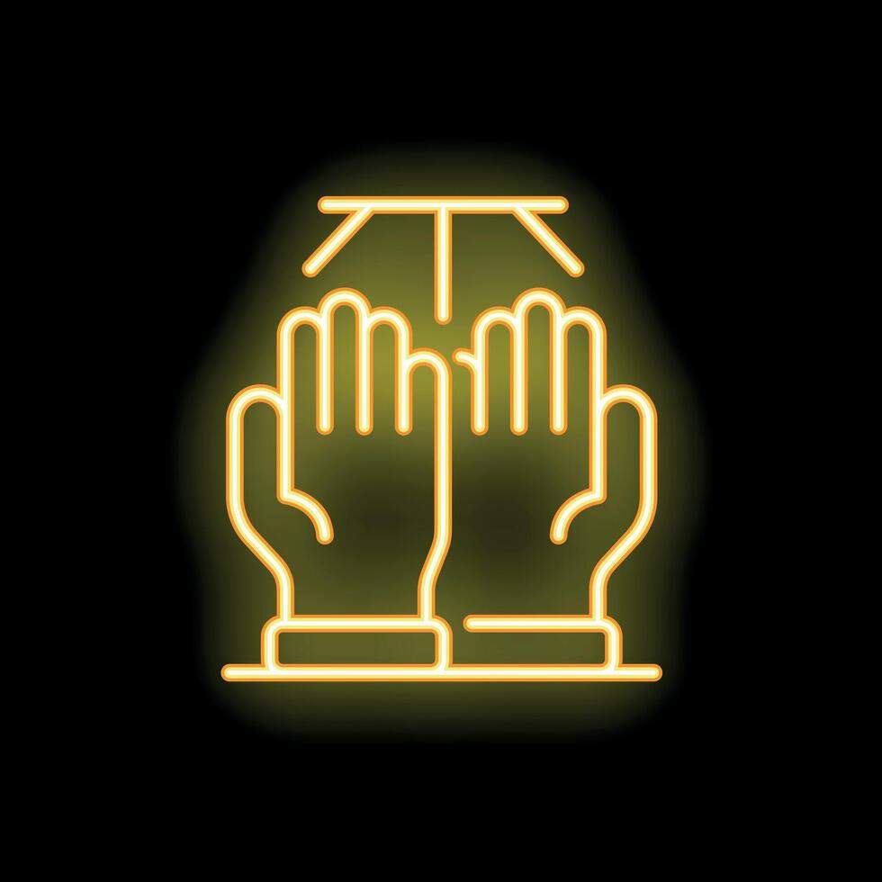 Neon icon of praying hands gesture on black background vector