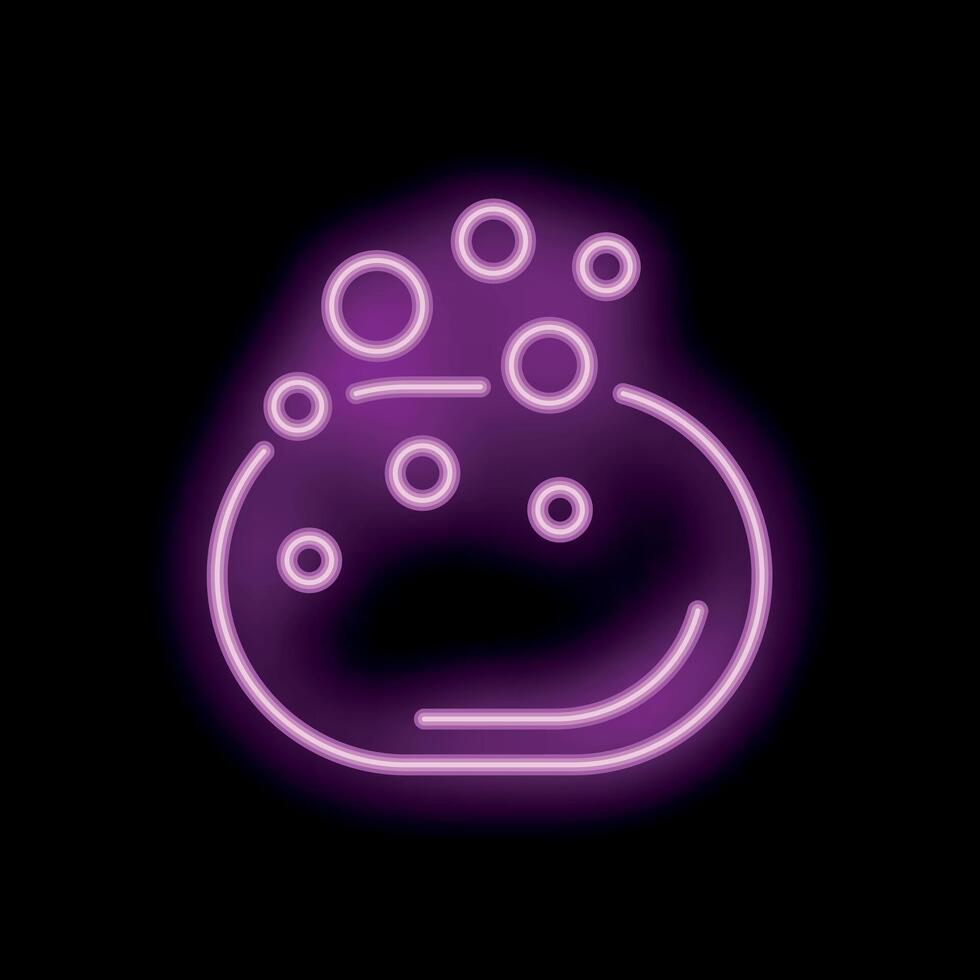 Purple neon icon of soap creating foam bubbles on black background vector