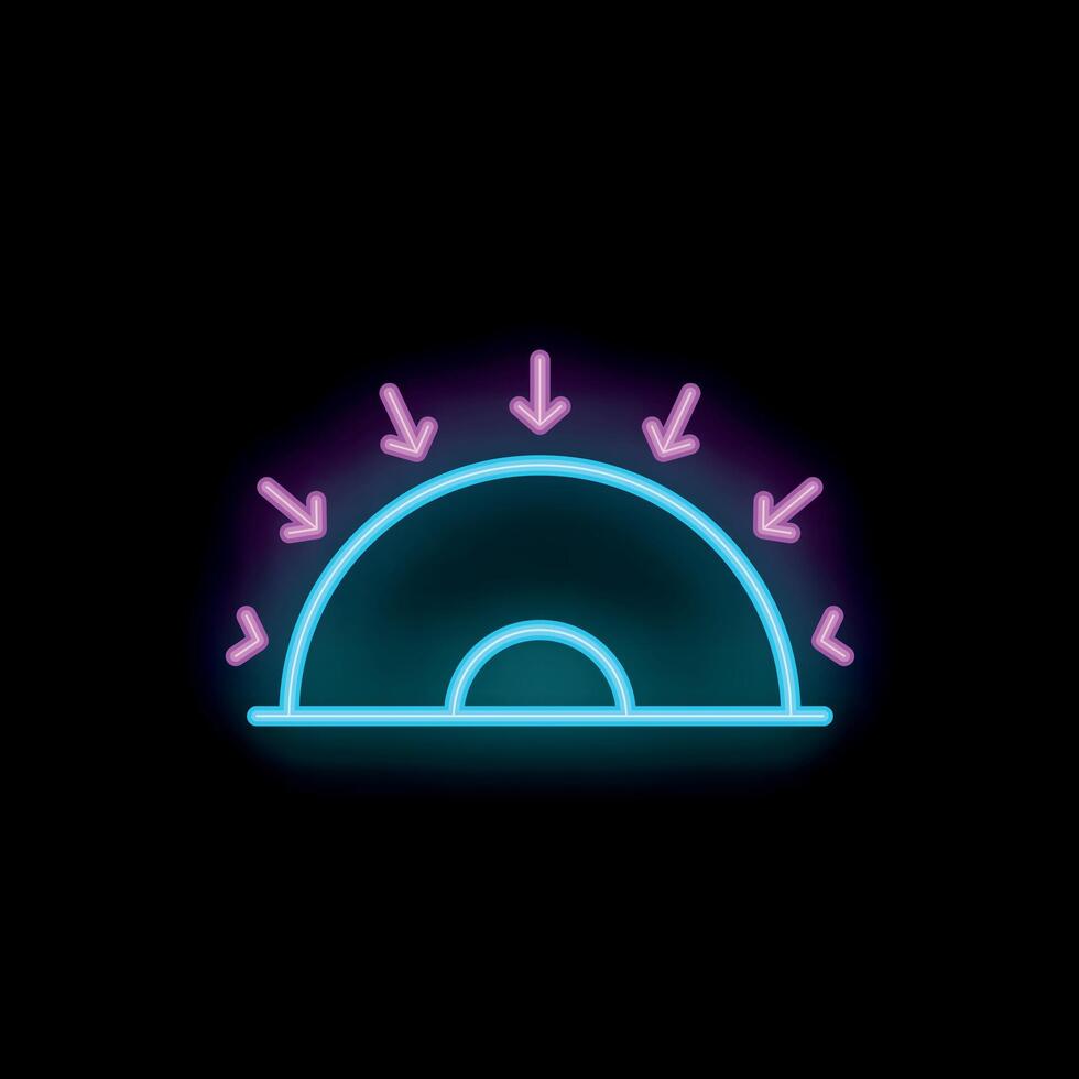 Neon sign showing blue sun setting with pink rays on black background vector