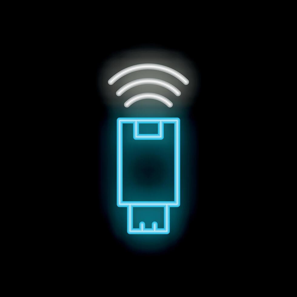 Neon icon of usb flash drive emitting wifi signal on black background vector