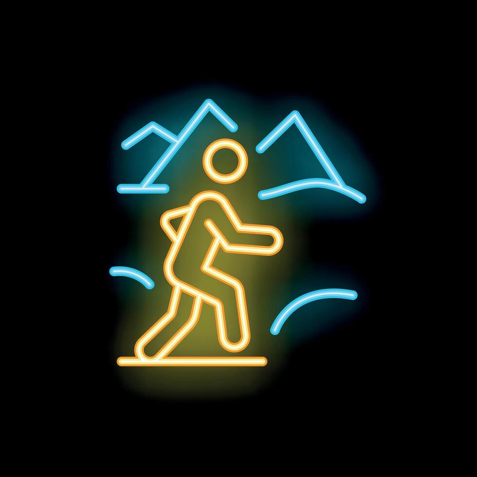 Neon sign showing person walking in mountains vector