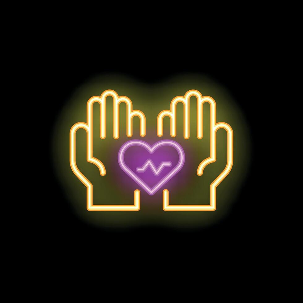 Two hands holding heartbeat neon sign on black background vector