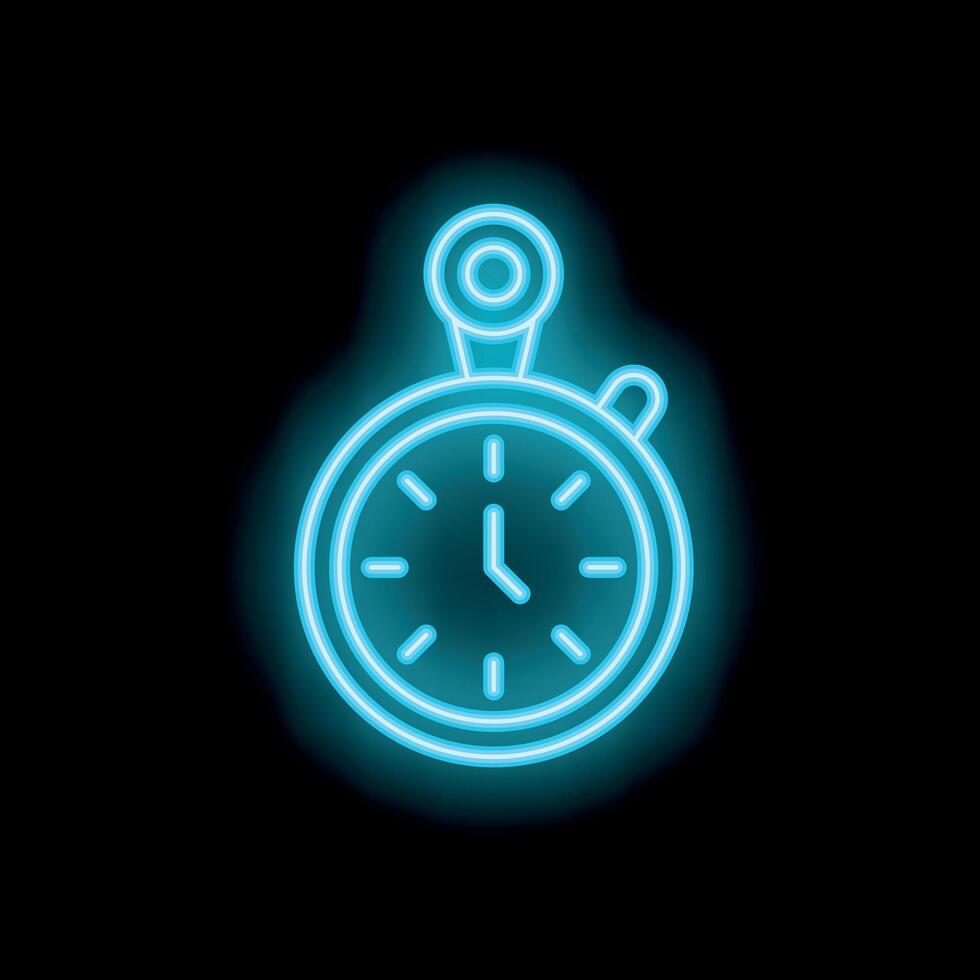 Neon blue stopwatch glowing on black background vector