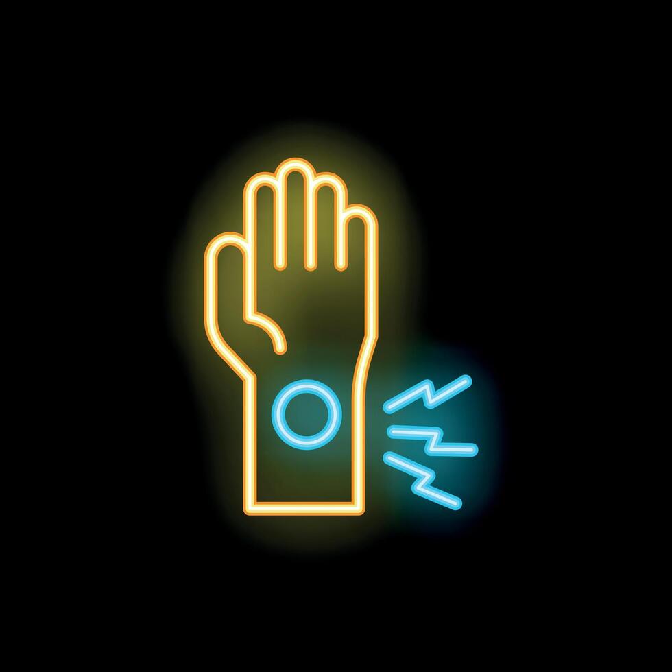 Neon sign representing wrist pain on black background vector