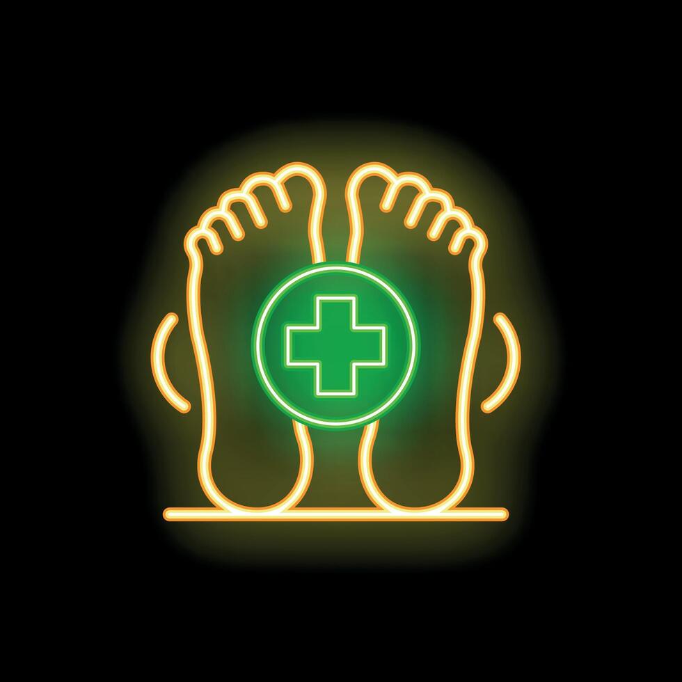 Neon green cross sign overlapping feet glowing on black background vector