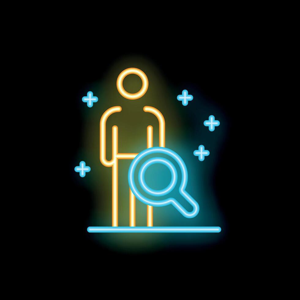 Neon sign of a businessman standing with a magnifying glass vector
