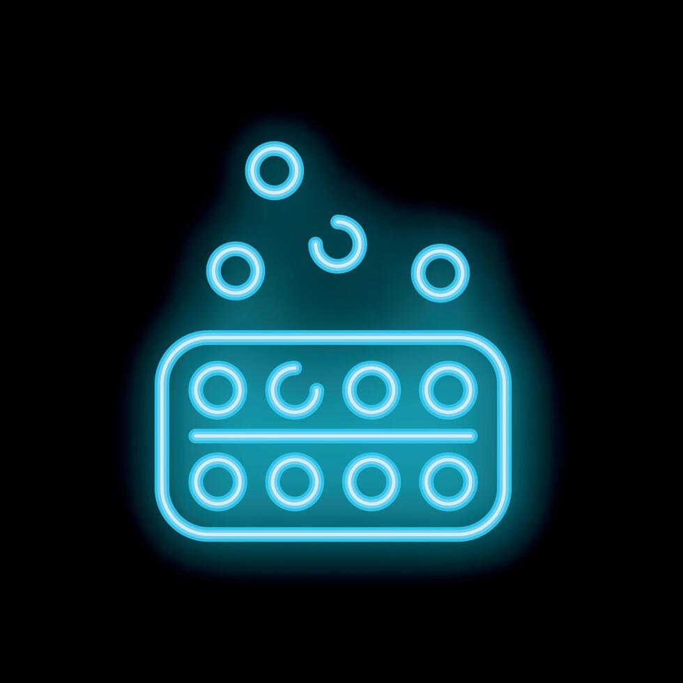 Neon blue blister pack of pills floating with round particles on black background vector