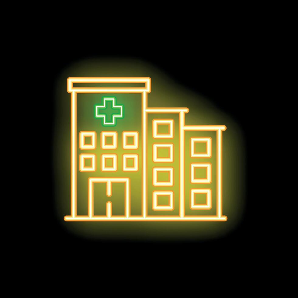 Glowing neon sign depicting a hospital building with green cross on black background vector