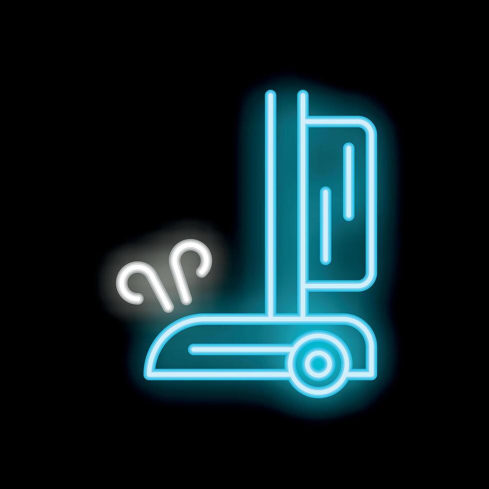 Blue neon icon of a vacuum cleaner removing dust particles vector